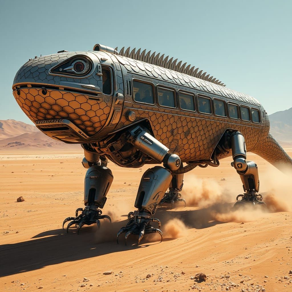 Futuristic Robotic Lizard Vehicle Explores Desert Landscape....
