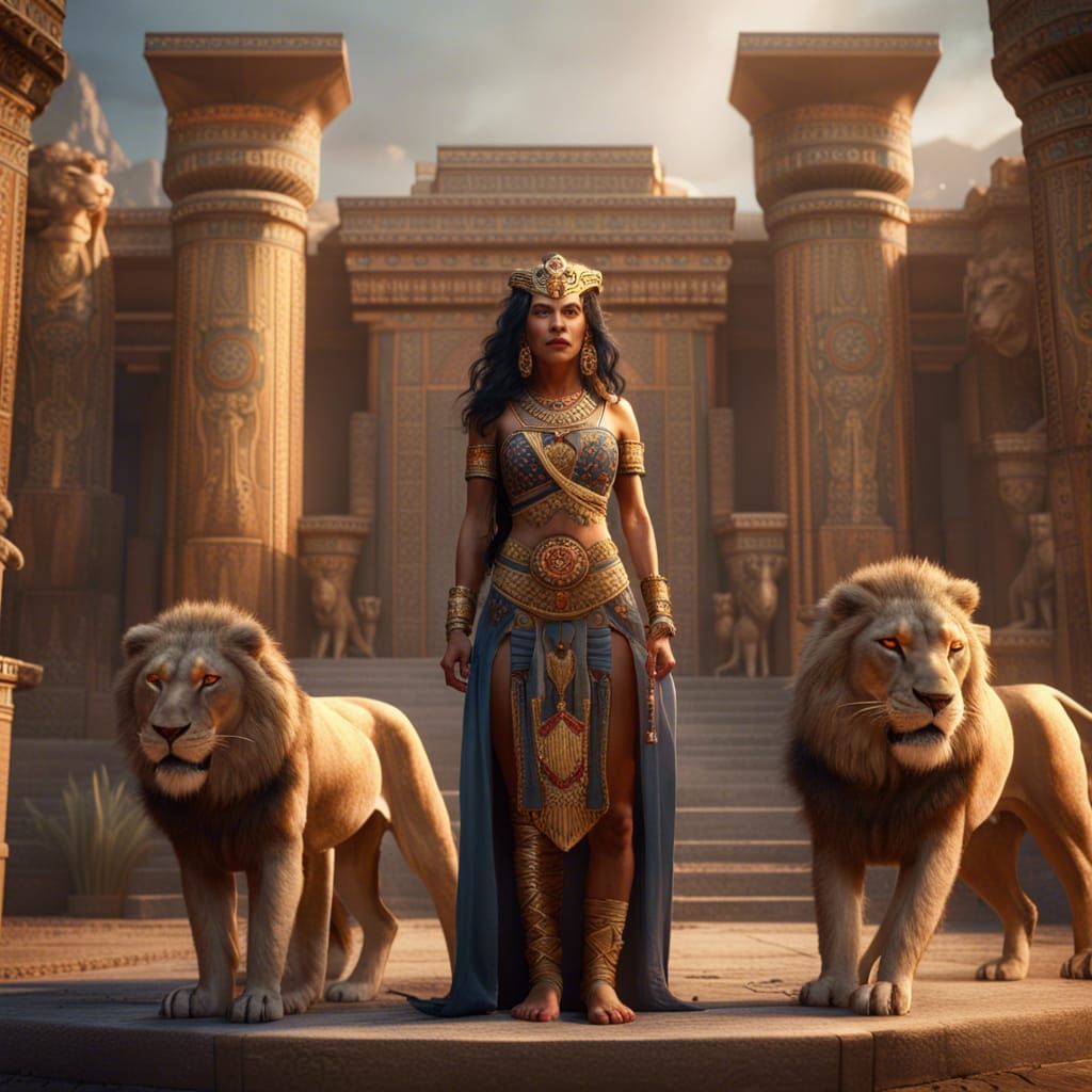 Goddess Ishtar with Lions: Fantasy Concept Art