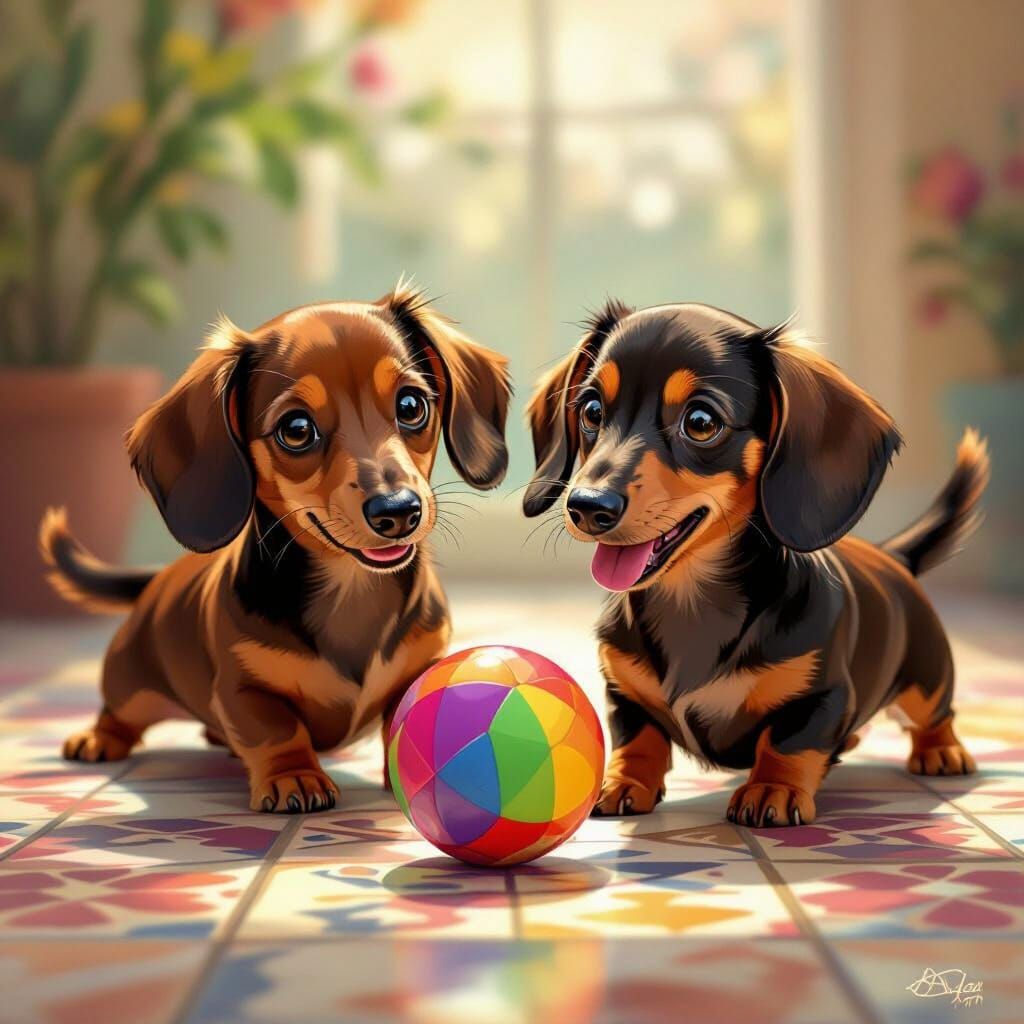 Cute Red Dachshunds Playing with Rainbow Ball