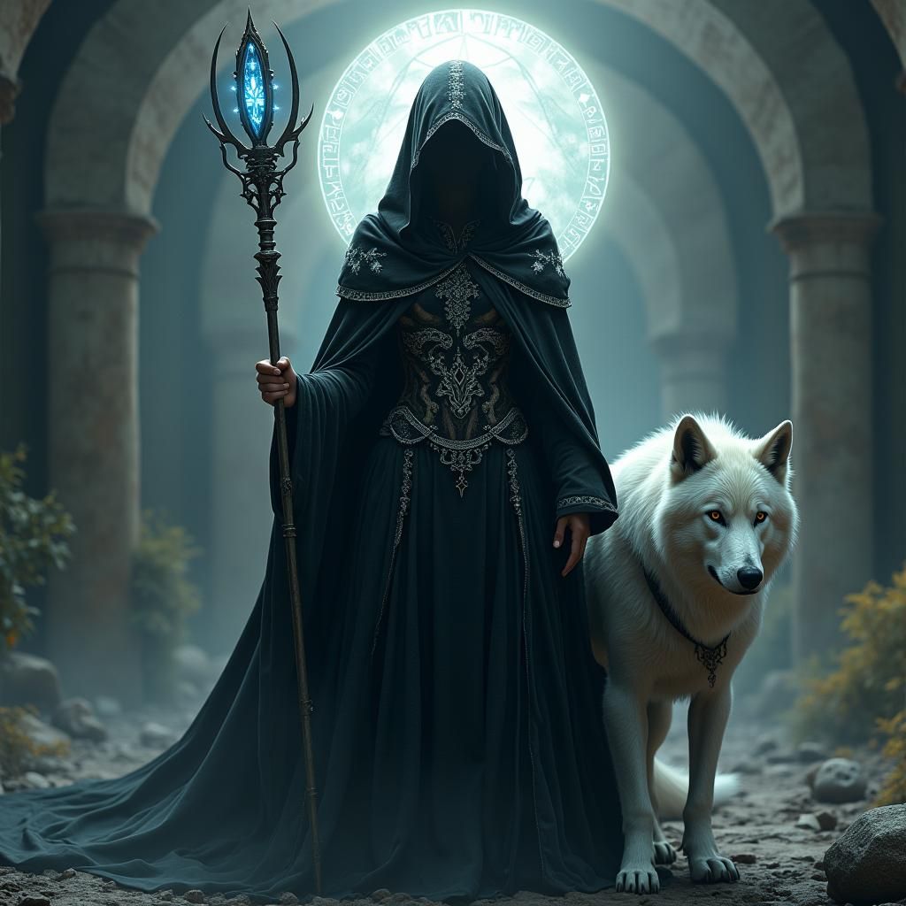 Mystical Goddess Hecate with White Wolf