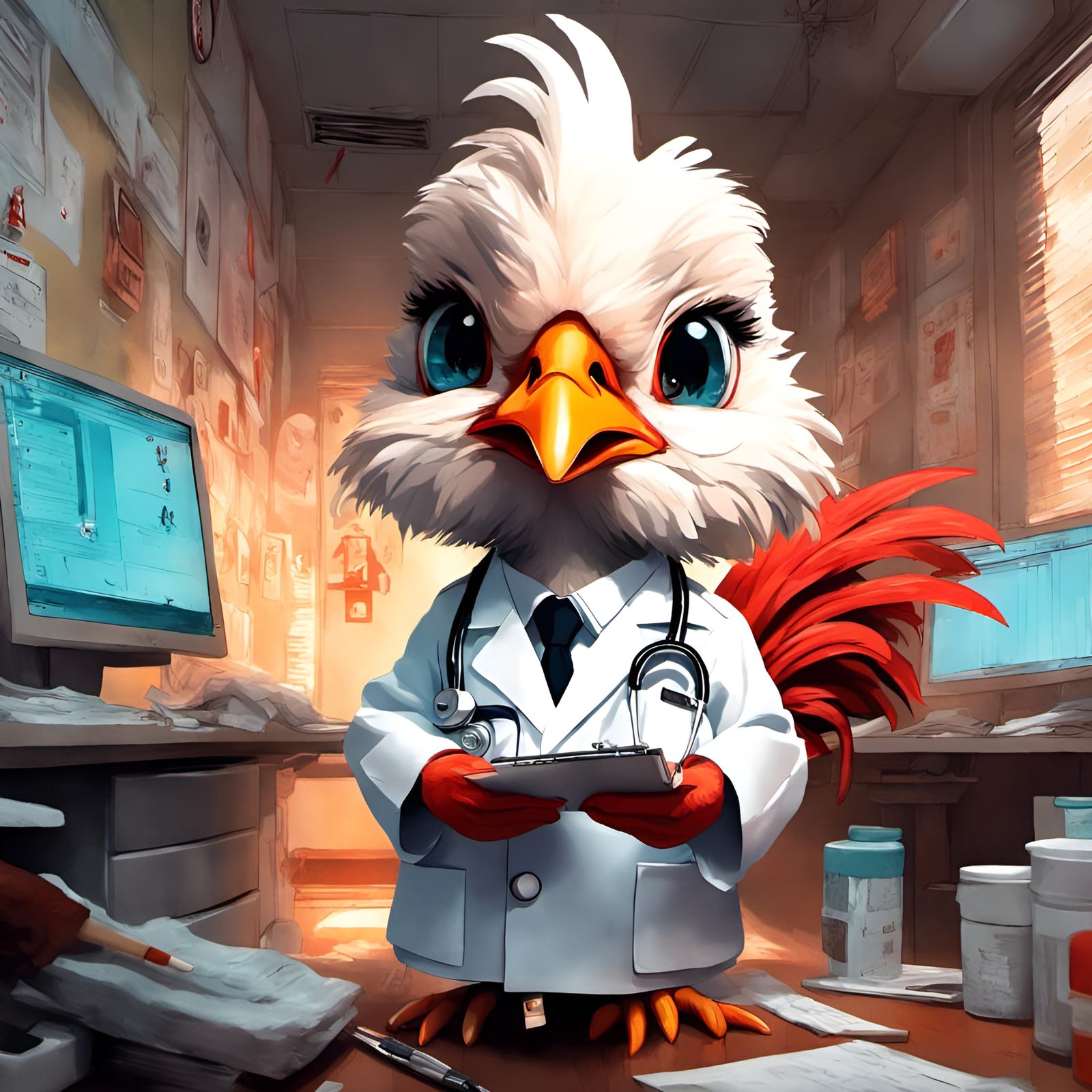 Chibi Rooster Nurse Administers Booster Shot in Sunny Doctor...