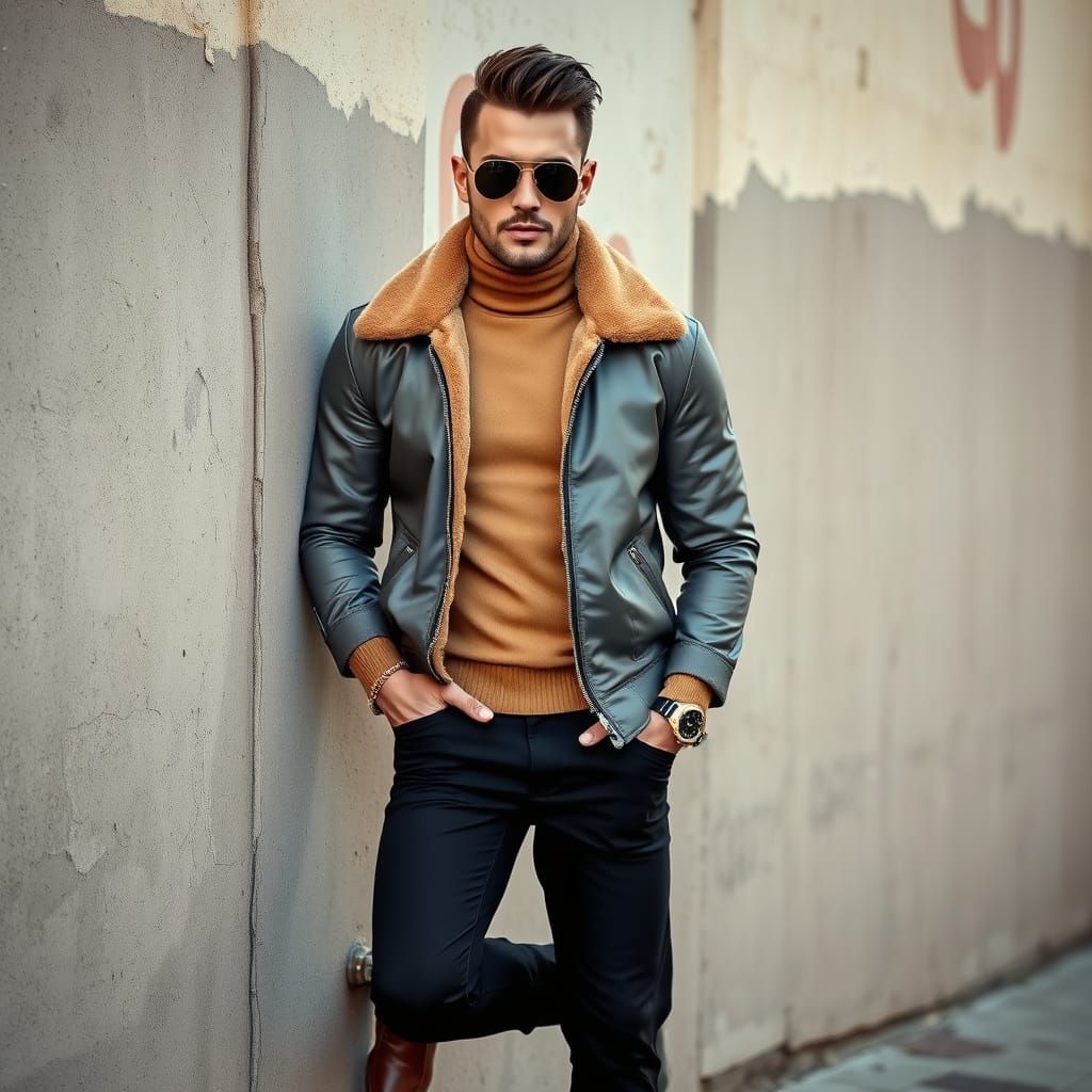 Rugged Urban Chic in Metallic Gray and Camel