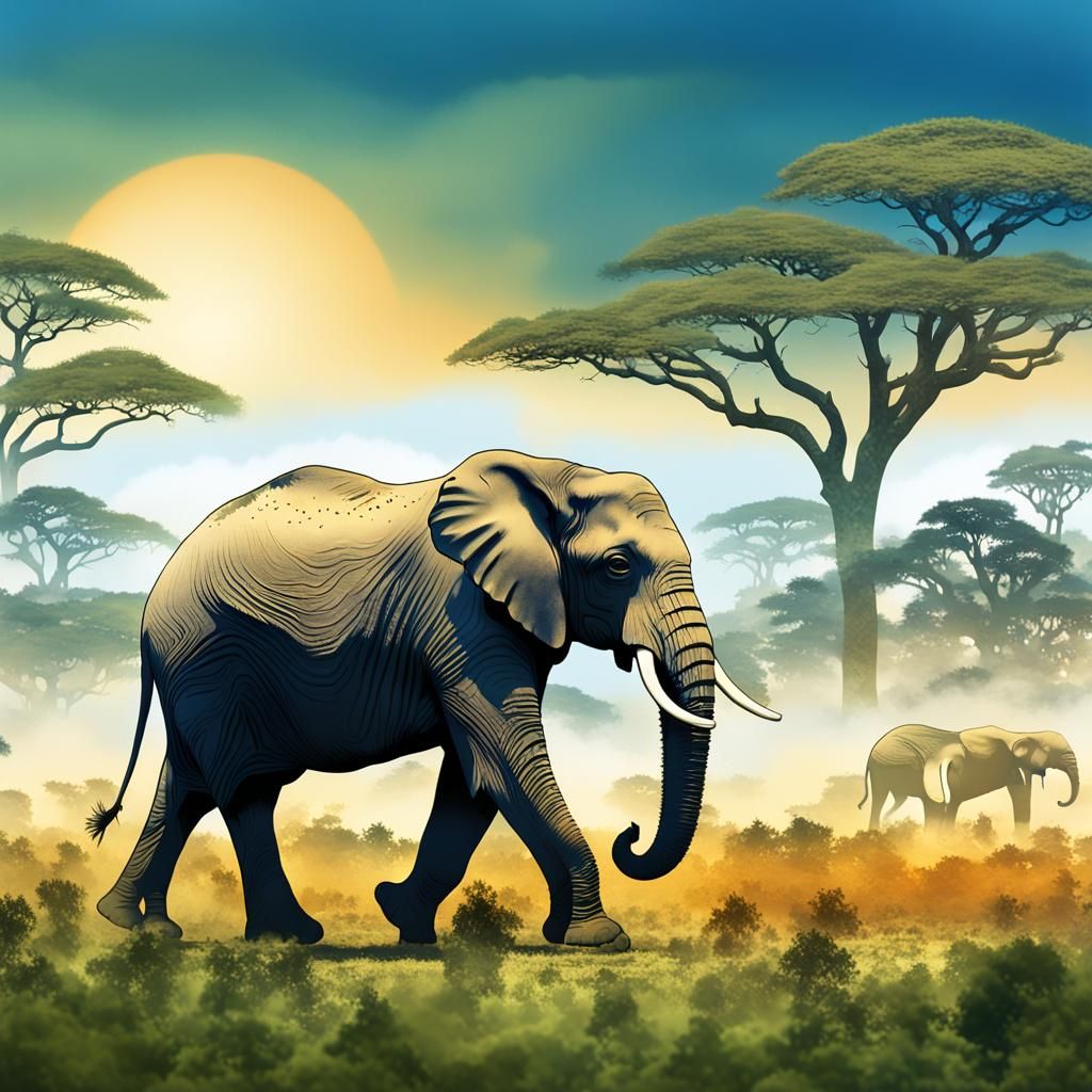 Surreal Elephant Silhouette Amongst Lush Forest and Deep Blu...