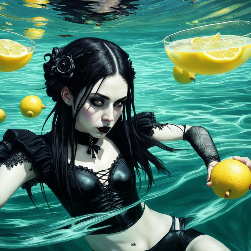 Goth Woman Submerged in Vibrant Lemonade, Photorealistic Art