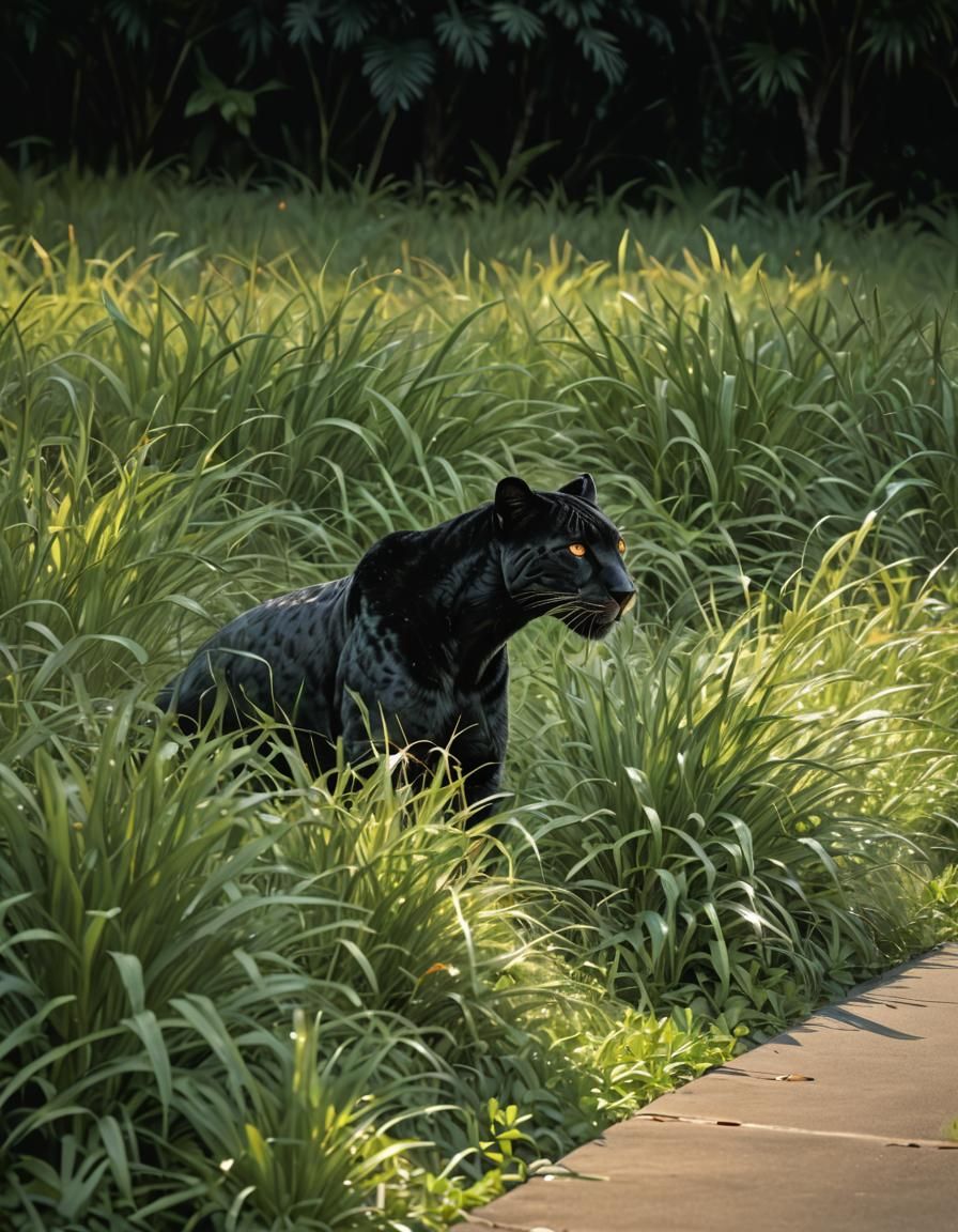 Photorealistic Jaguar in Tropical Jungle, Robotic Eyes Shini...