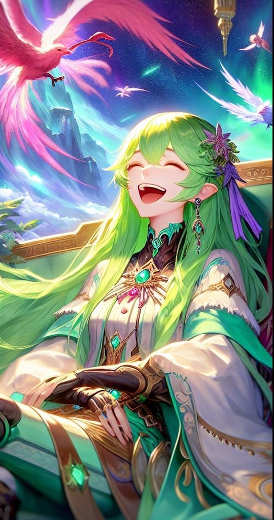 Fantastical Anime Scene with Lime-Green Haired Woman and Mag...