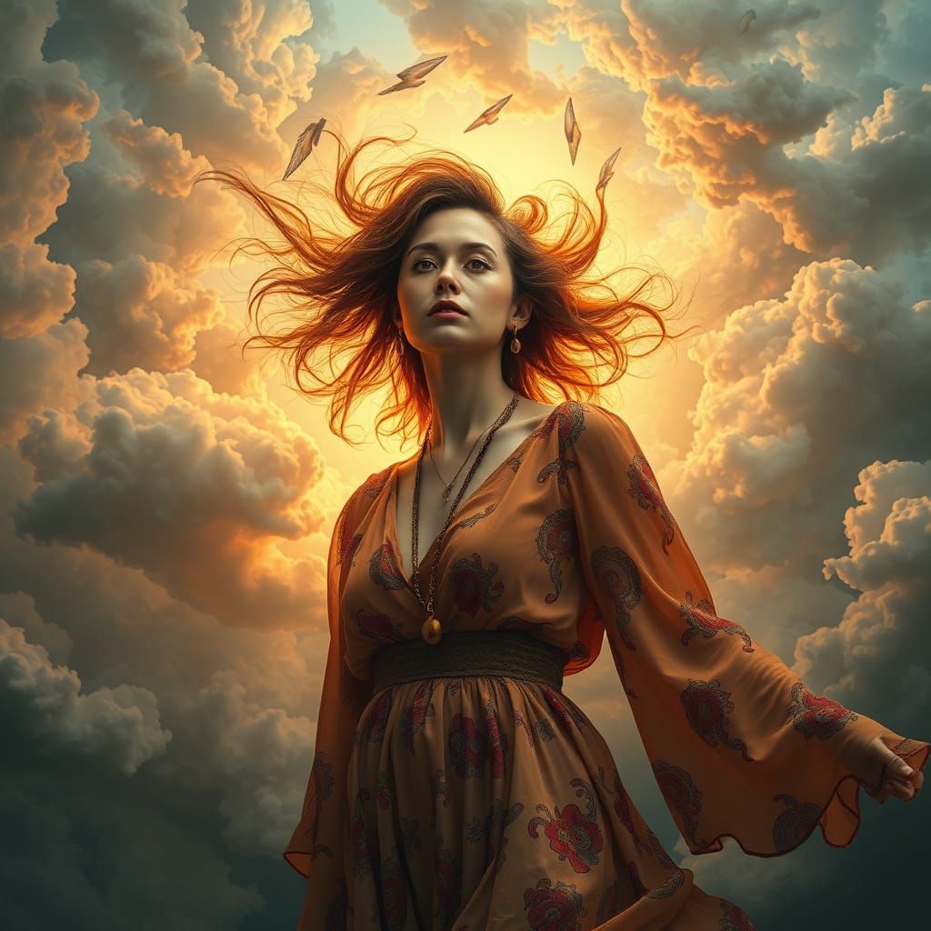 Woman Embodies Ironic Serendipity in Dreamlike Clouds