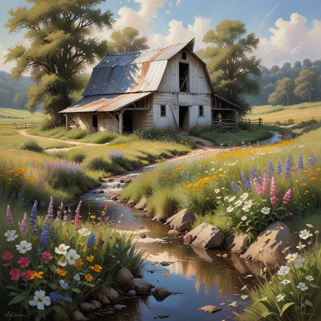 Weathered Barn in Wildflower Field: Conte Crayon Rendering