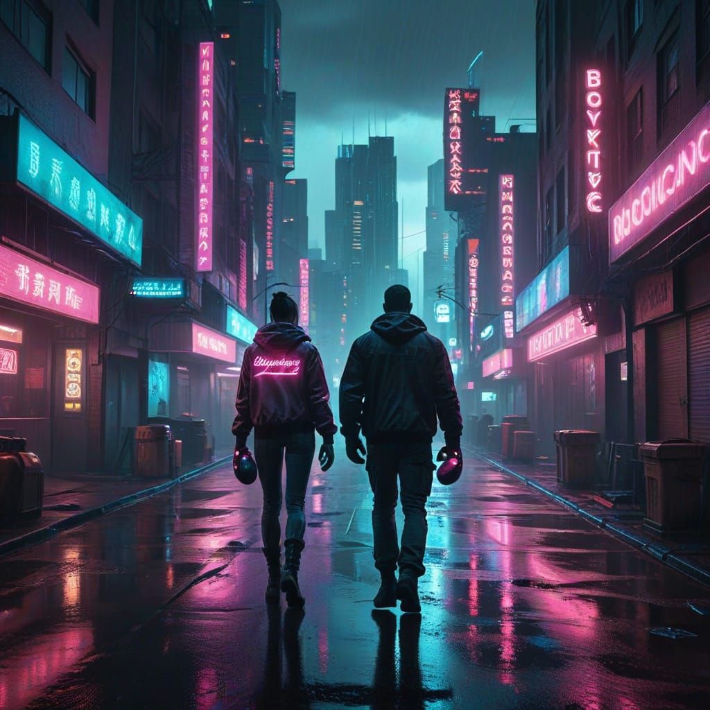 Cyberpunk Boxers Sign Gloves in Neon Cityscape