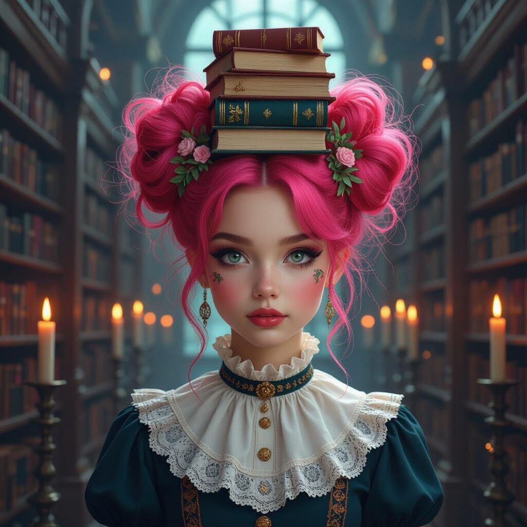 Pink-Haired Girl in Surreal Library, Fantasy Art