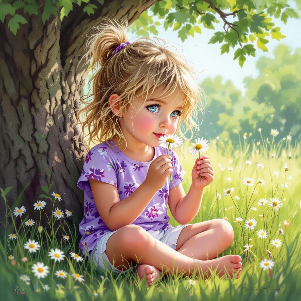 Girl Smelling Daisy in Chalk Glass Art Style