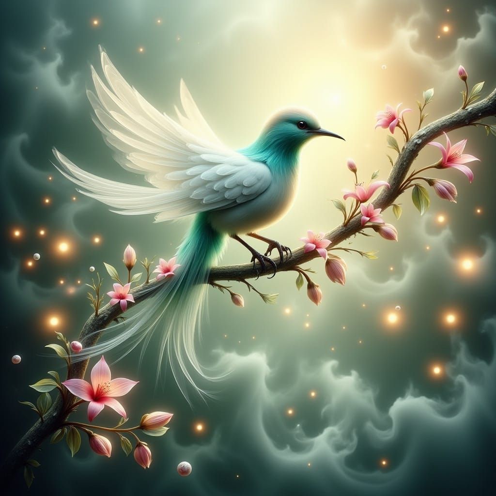 Whimsical Bird in Enchanted Garden, with Pastel Flowers and....