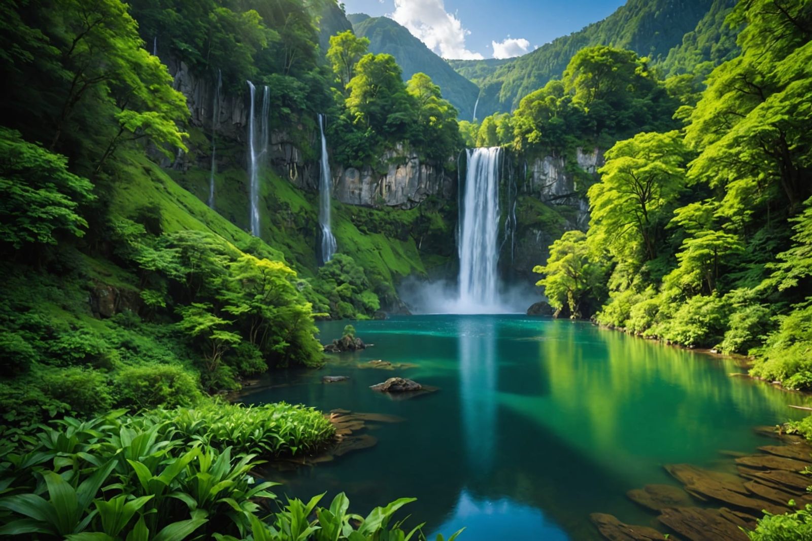 Majestic Waterfalls and Serene Mountain Lake in Ethereal Lig...