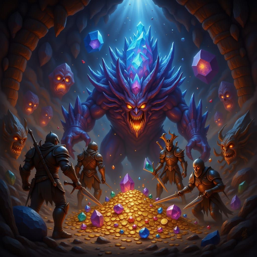 Fantasy Adventurers Battle Greedy Monster in Treasure Cavern