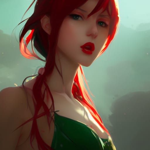 Glamorous Anime Goddess in Vibrant Red Attire