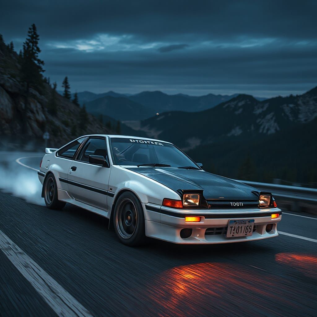 Toyota AE86 Drifting on Mountain Highway in Anime Art
