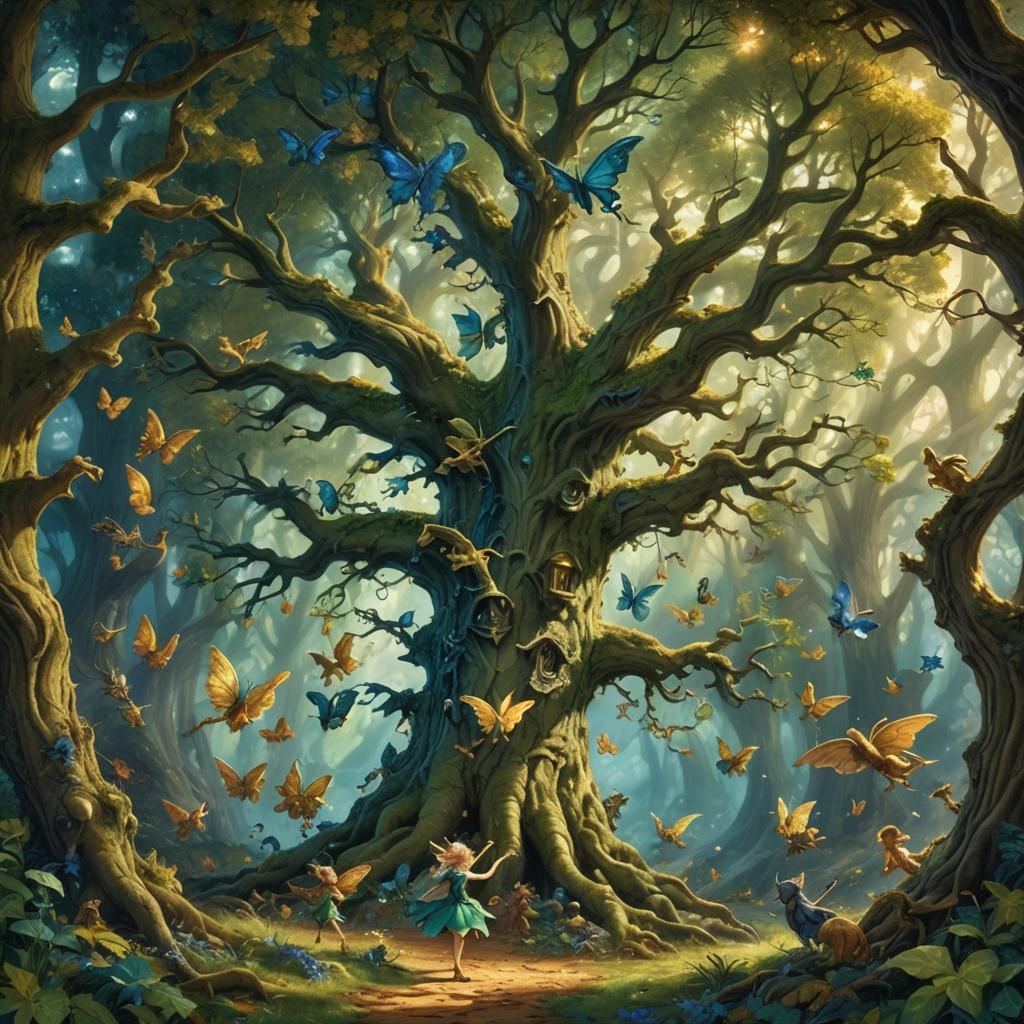 Whimsical Oak Tree Scene in a Fantastical Forest Clearing