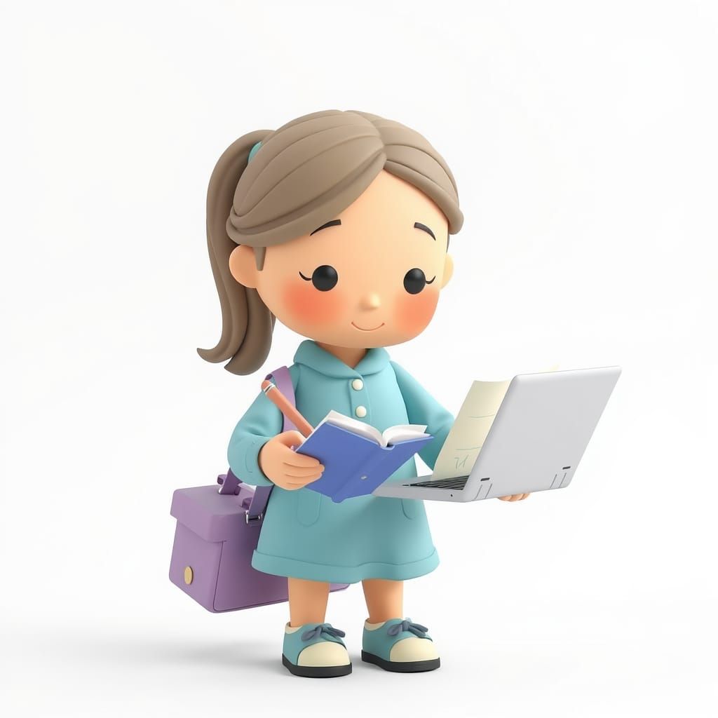 A Kawaii Clay Woman Works on her Laptop in a Soft Pastel Wor...