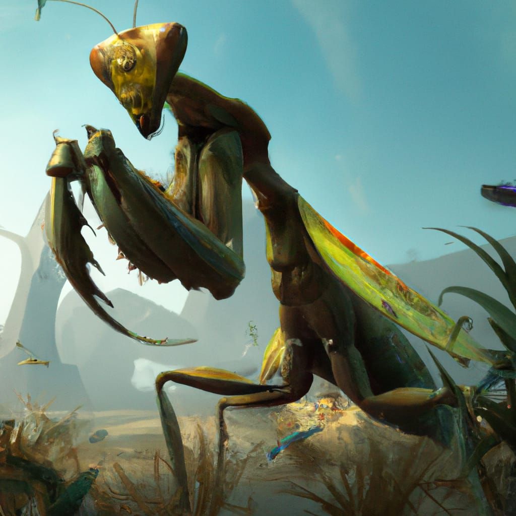 Surreal and Fantastical Praying Mantis Creature in a Deeply...