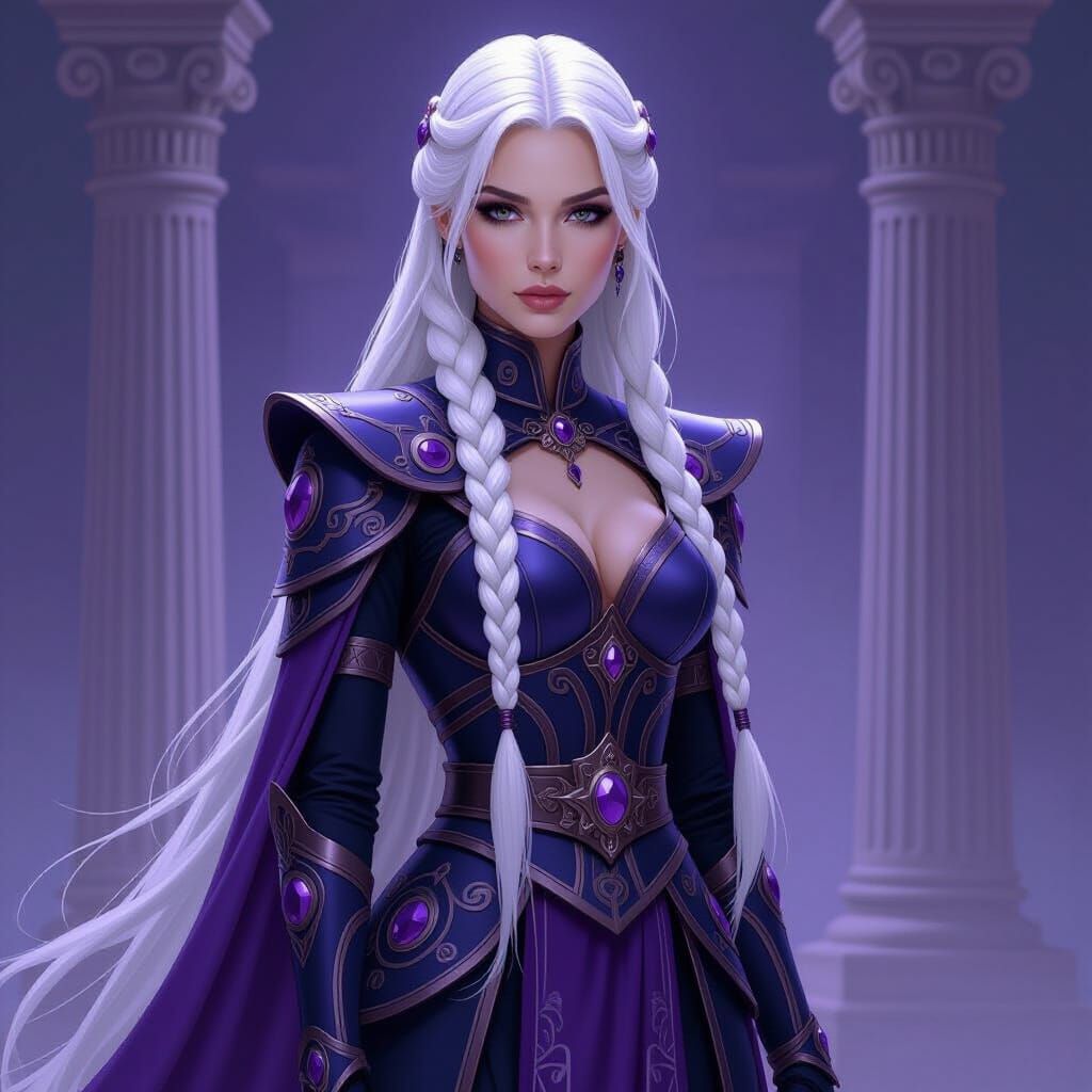 Regal Warrior Woman in Ornate Armor, Greek Temple Setting