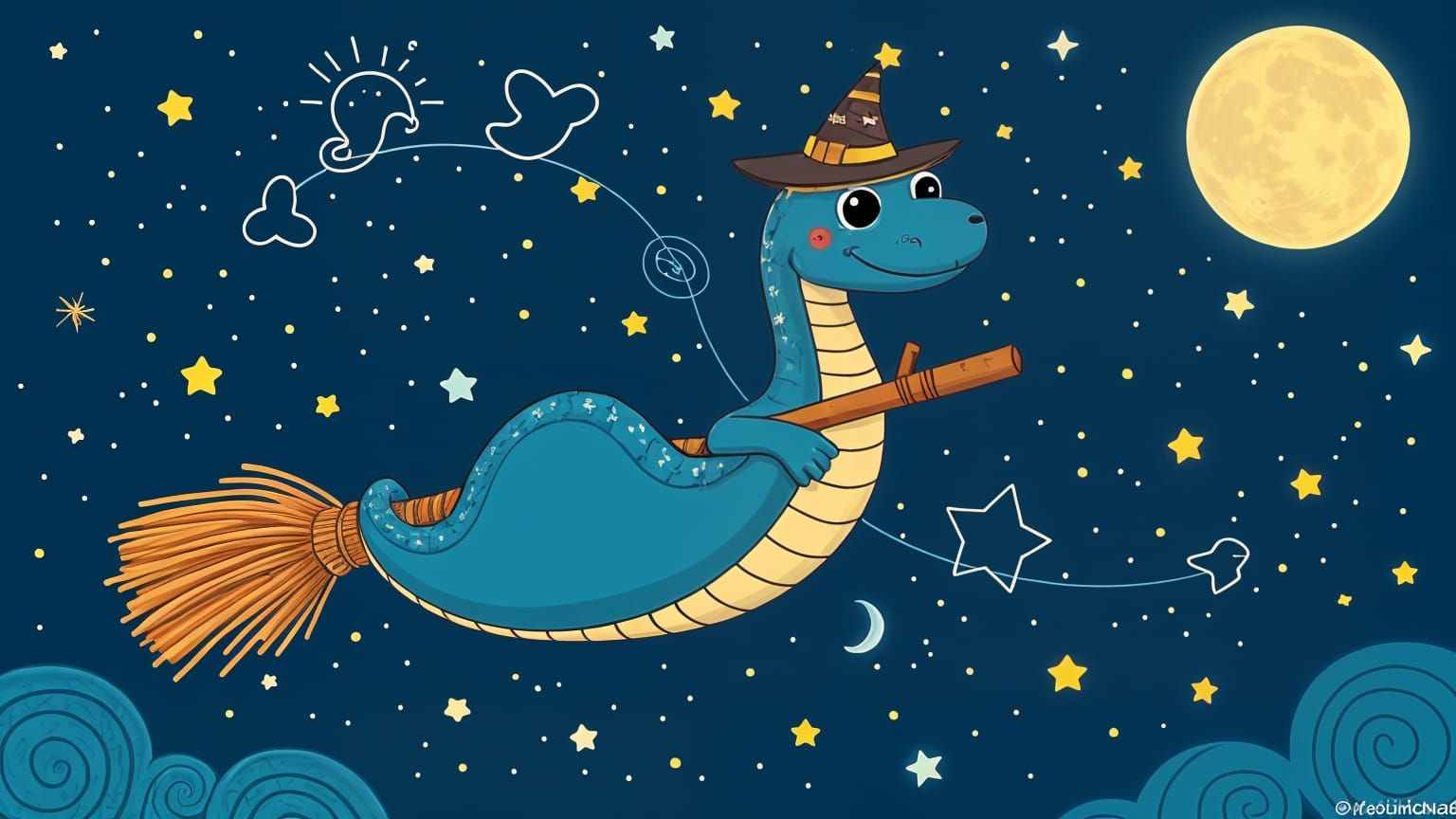 Whimsical Snake Witch Flying on Broomstick in Kawaii Art