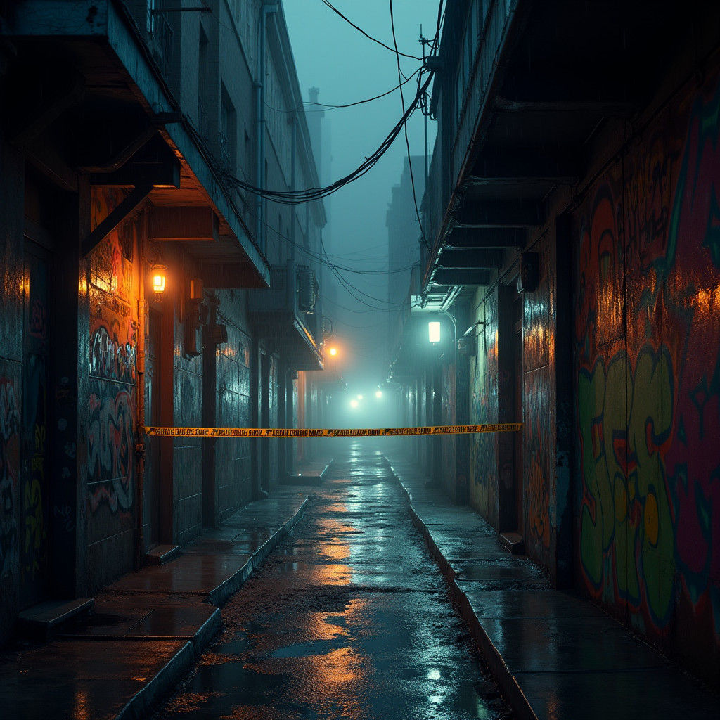 Rain-Soaked Alleyway in Dystopian Cityscape with Vibrant Gra...
