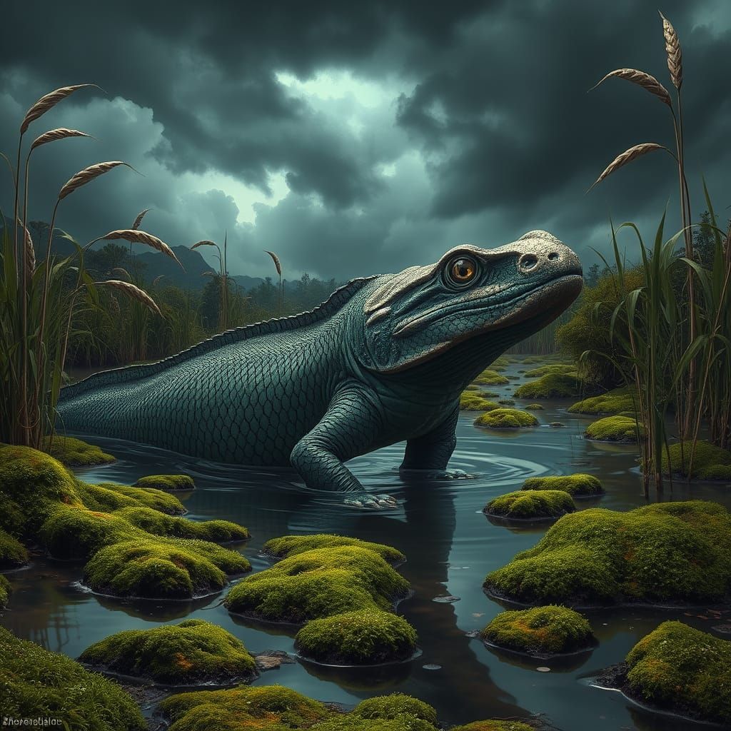 Ichthyostega Emerges from Swamp in Hyperrealistic Style