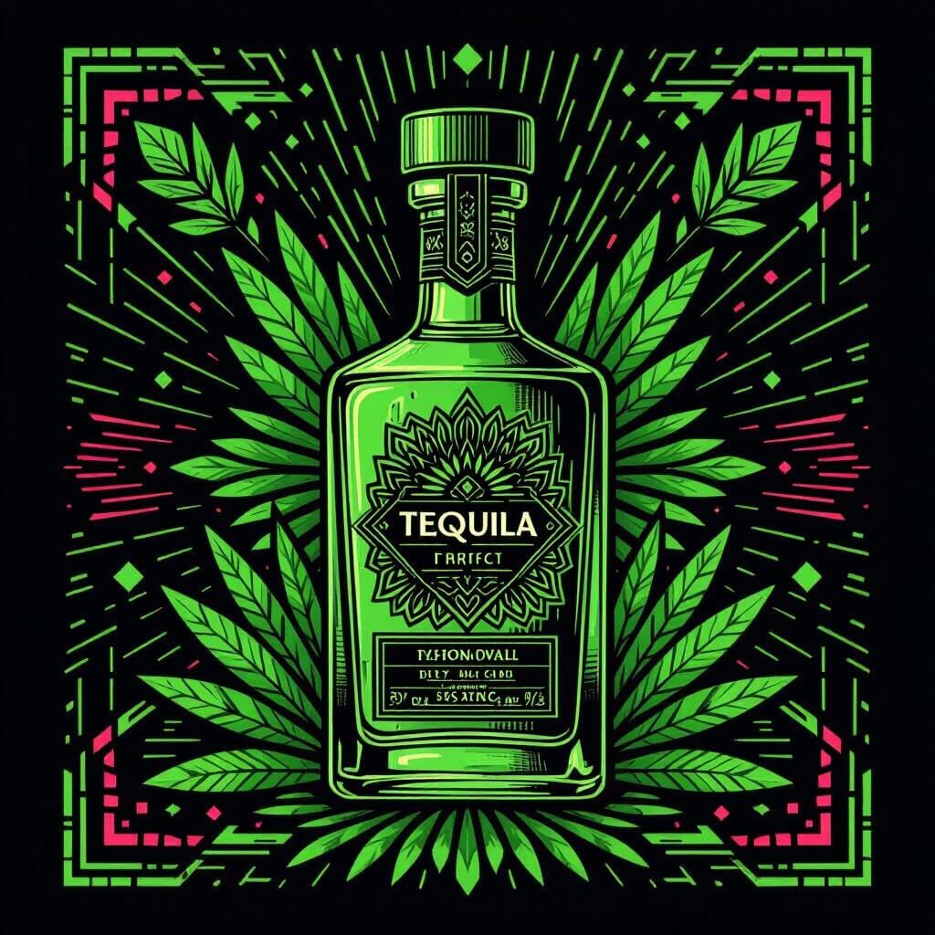 Tequila Bottle with Geometric Patterns in Black and Green