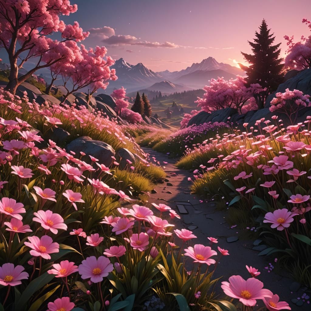 Hyperrealistic 3D Landscape with Pink Neon Accents and Soft....