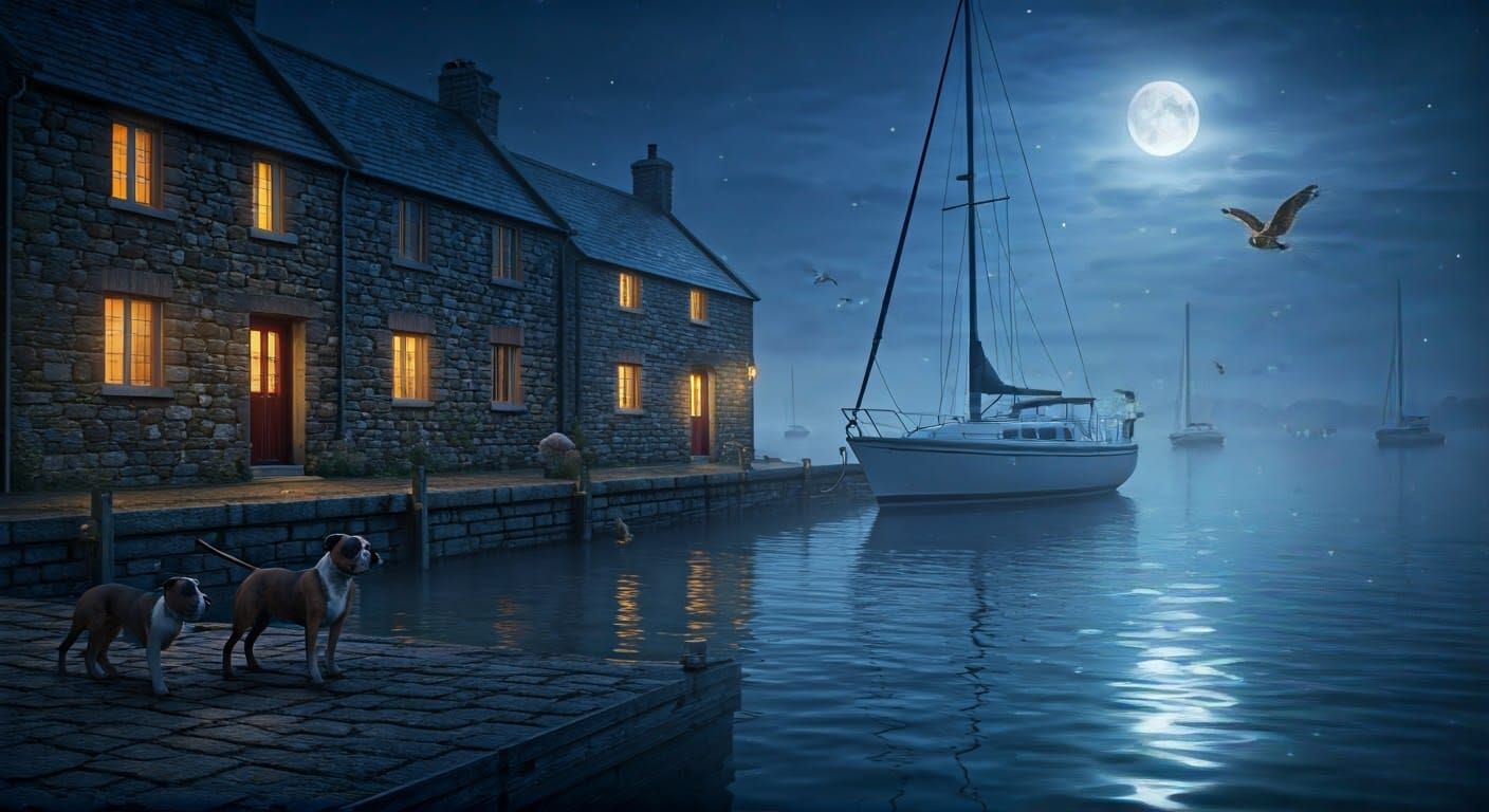 Moonlit Harbor Scene with Dogs and Sailboats in Hyper-Realis...