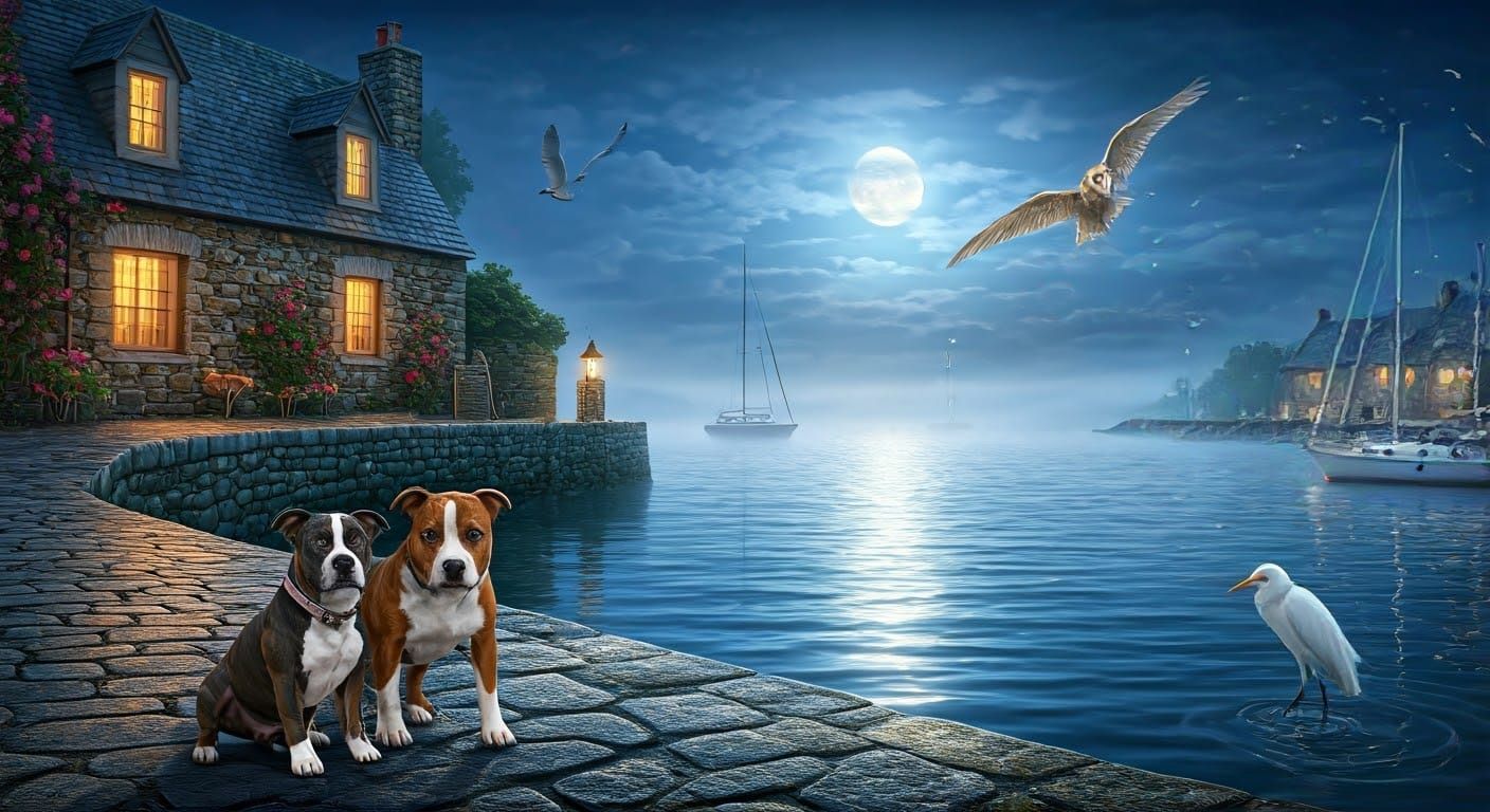 Moonlit Harbor Scene with Dogs and Sailboats