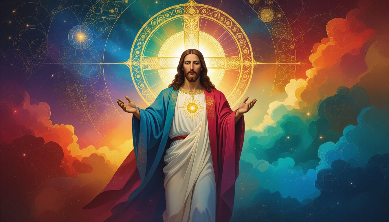 Cosmic Christ Emerges from Nebula in Klimt-Mack Style