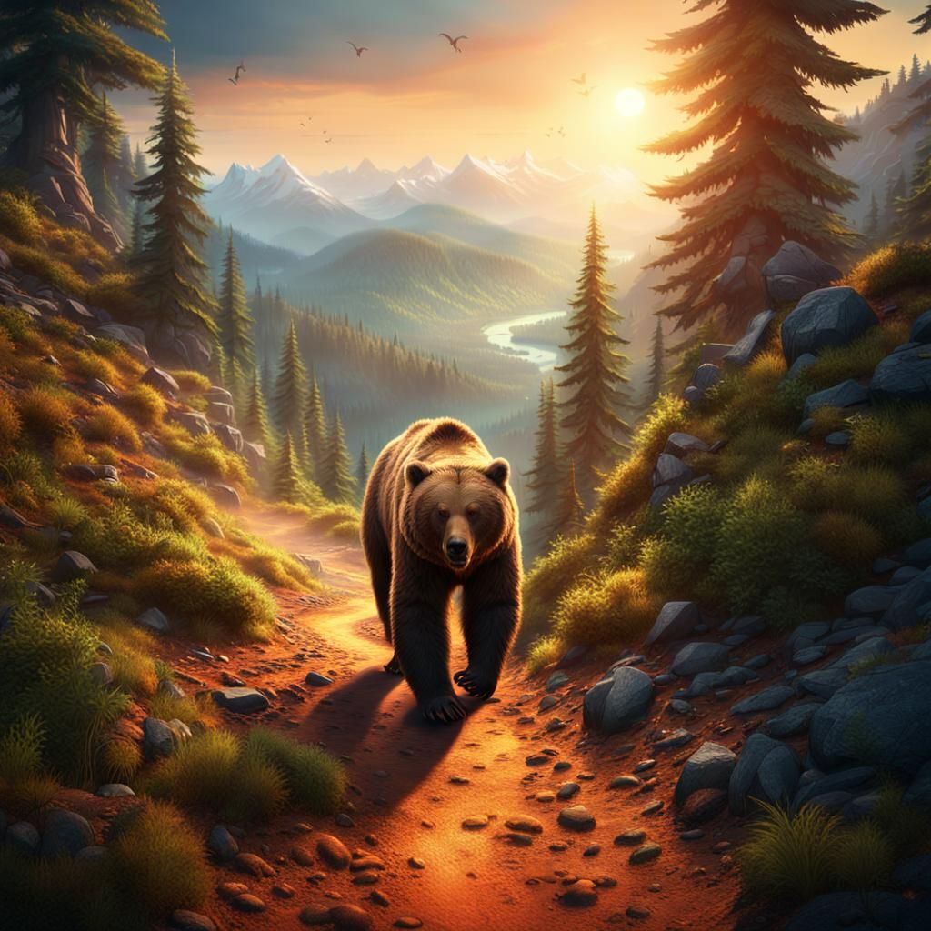 Fantasy Grizzly Bear Footprints in a Vibrant Mountain Landsc...