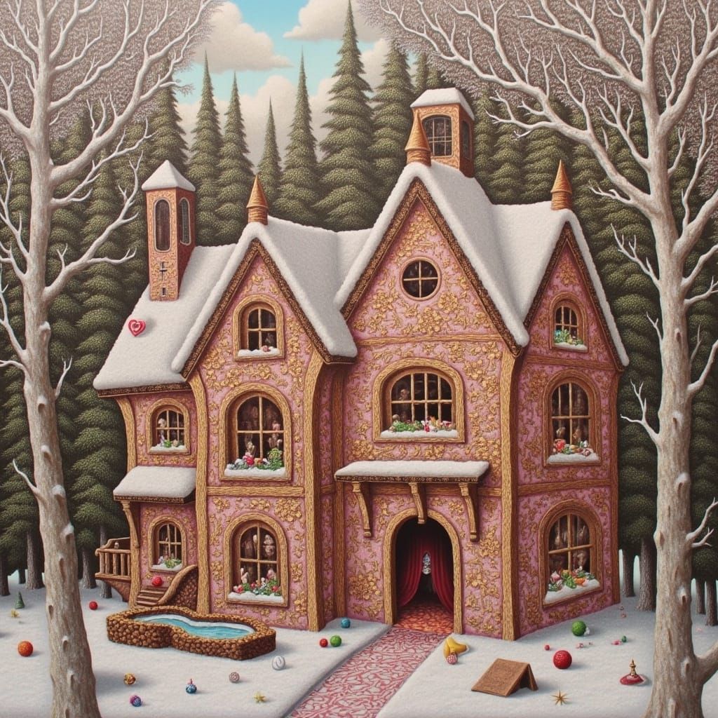 Surreal Gingerbread House in Whimsical Folk-Art Style with G...