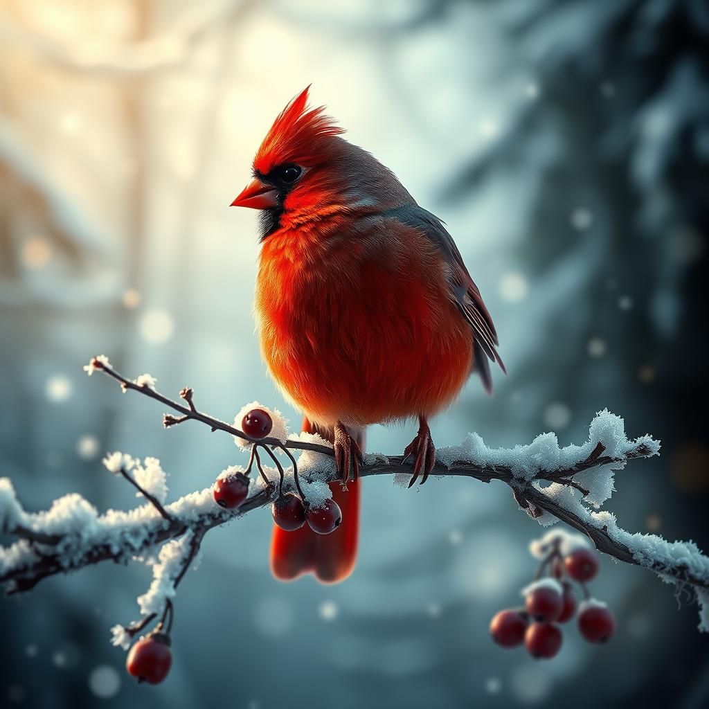 Digital Art of a Cardinal Bird in Winter Wonderland