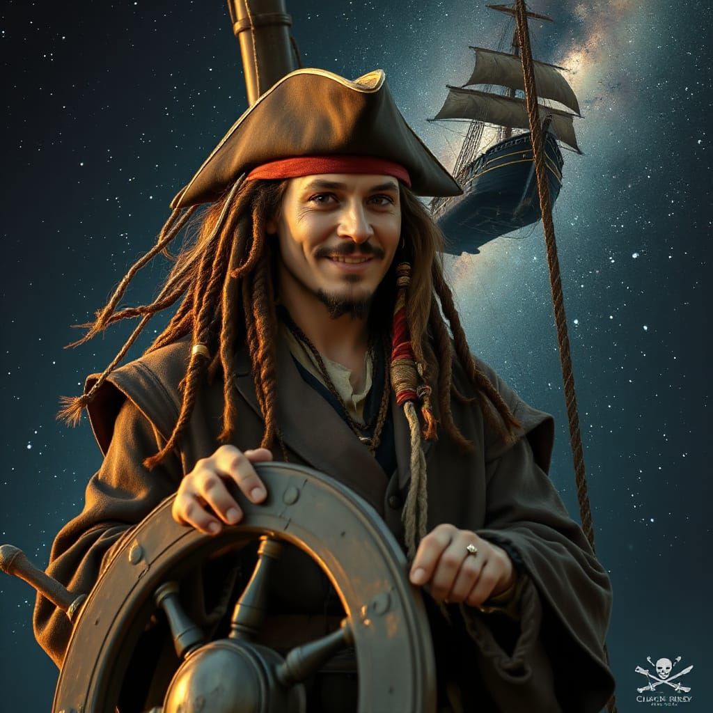 Captain Jack Sparrow at Helm of Black Pearl in Cosmic Sea