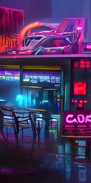 Neon Cafe in a Cyberpunk Cityscape