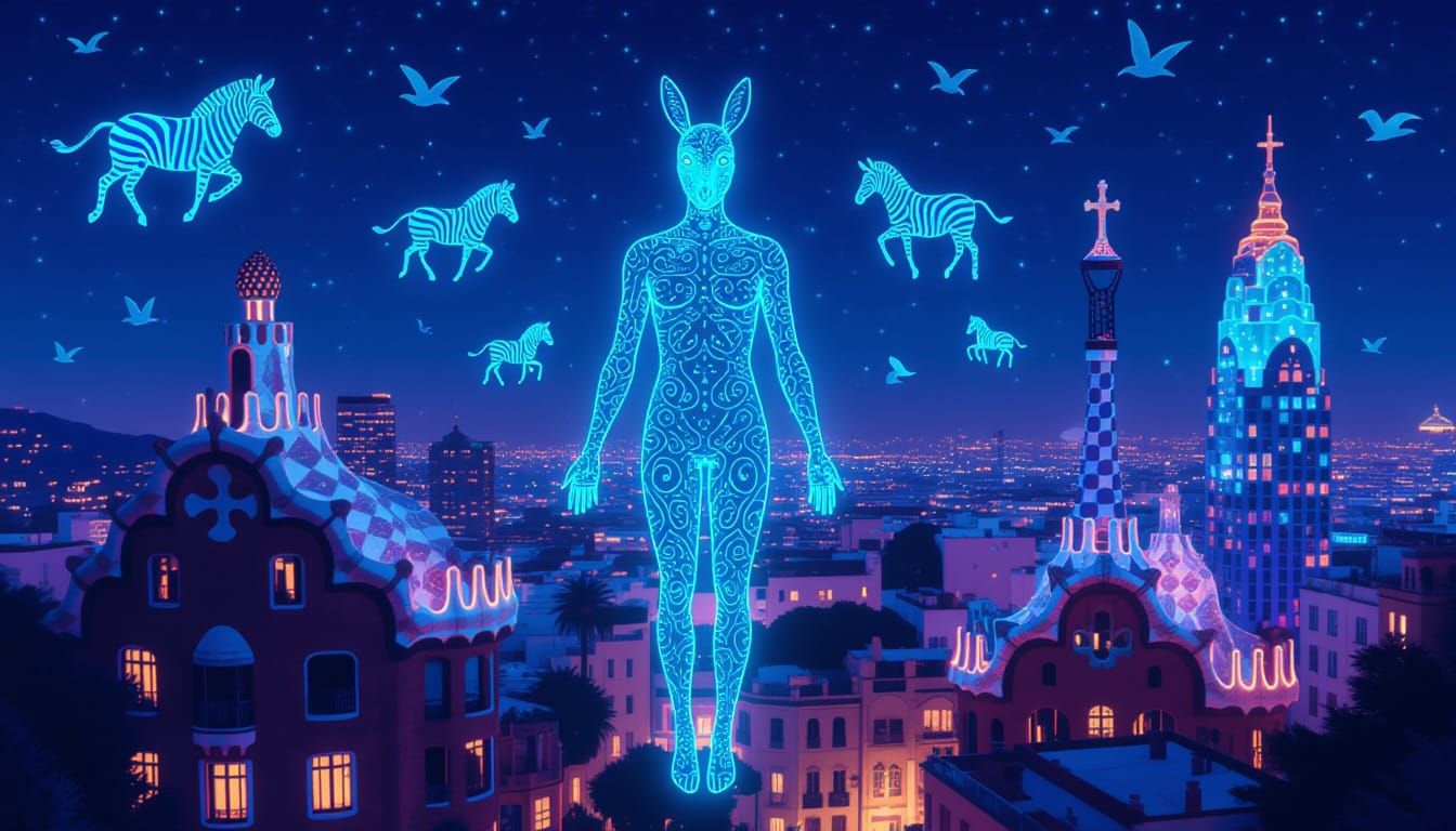 Surreal Gaudí Cityscape with Bioluminescent Figure and Cosmi...