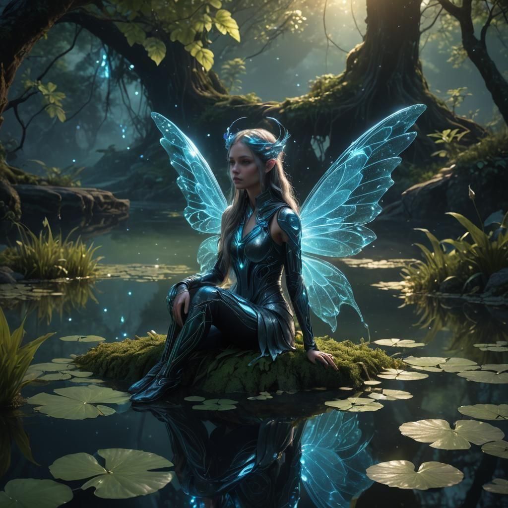 Cyber Fairy with Bioluminescent Wings by Pond
