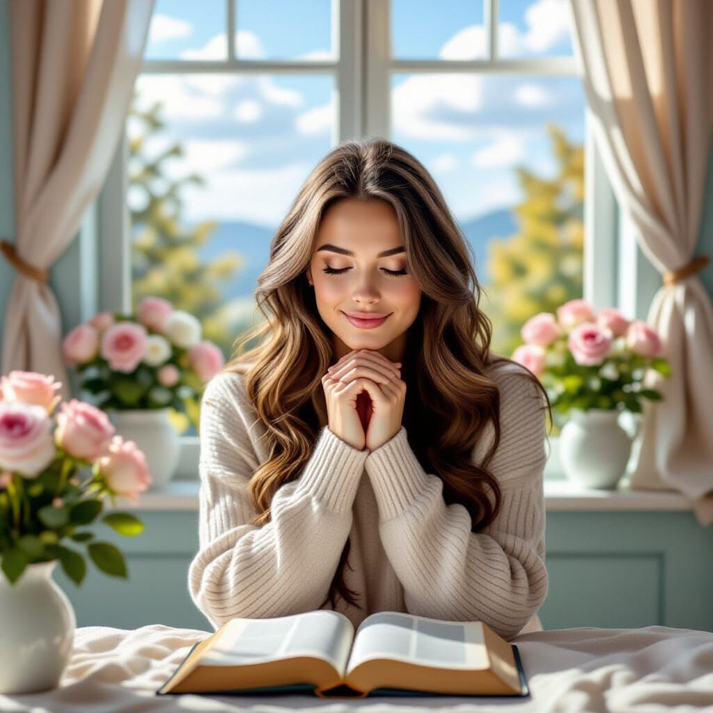 Christian Woman Praying in Shabby Chic Study