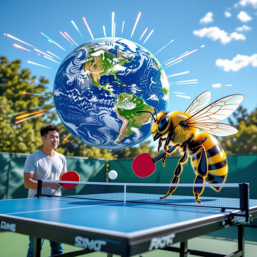 Giant Bee and Person Play Ping Pong