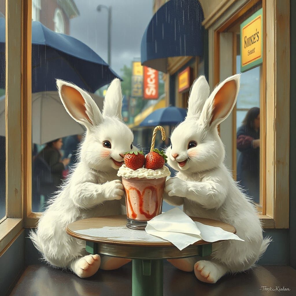 Two Bunnies Sharing Milkshake in Rainy Scene