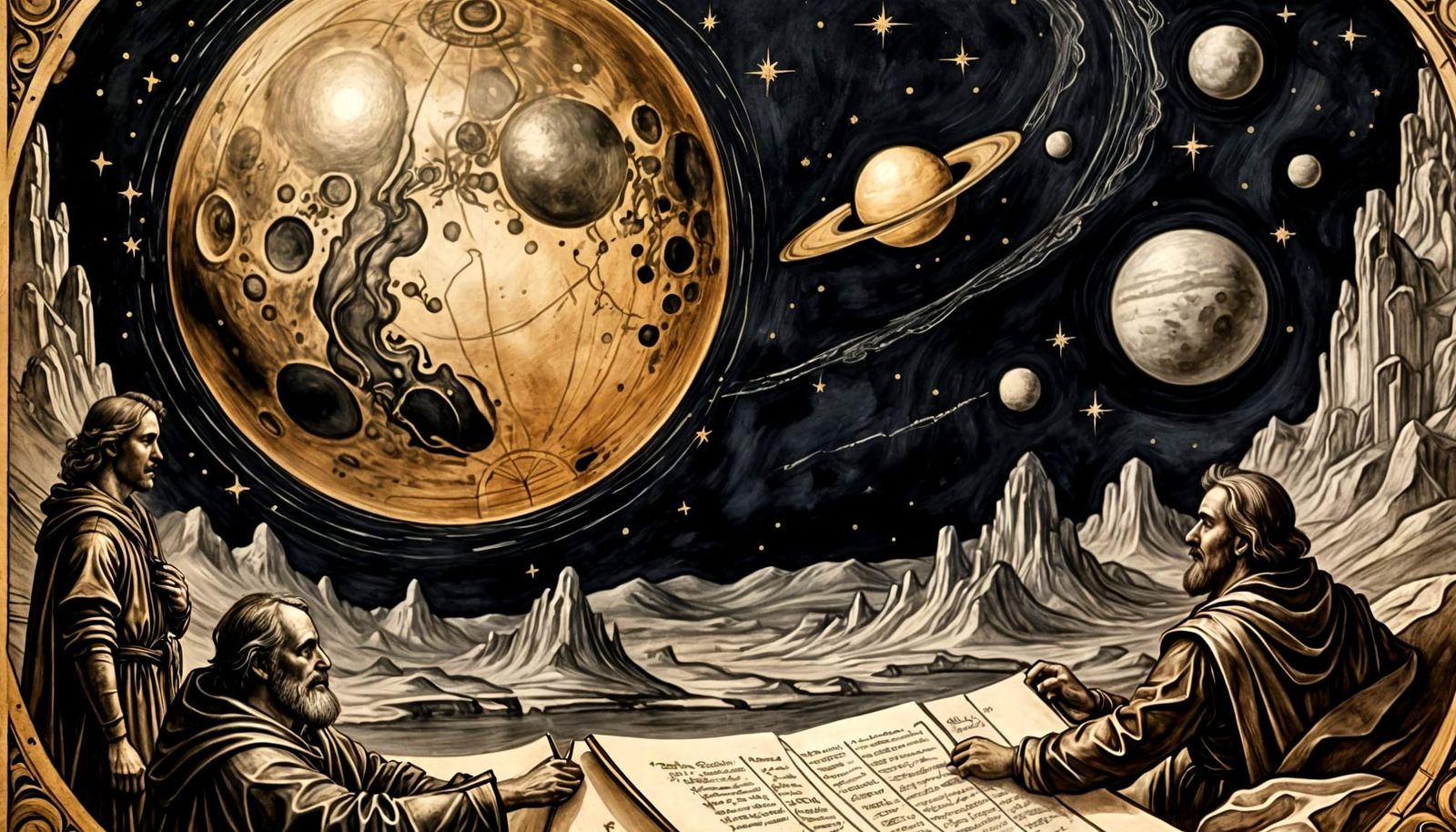 Pluto Detailed Charcoal Drawing on Parchment