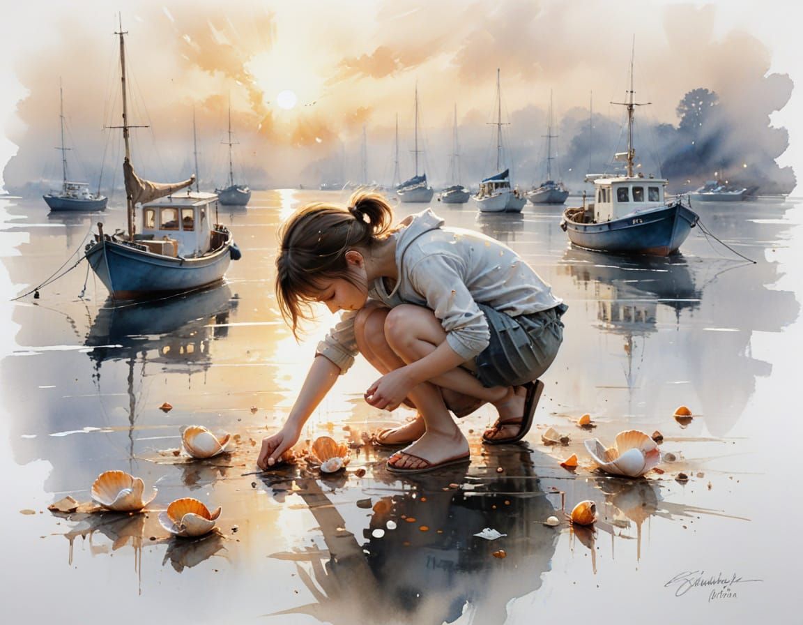 Child Arranging Seashells on Dock in Golden Light