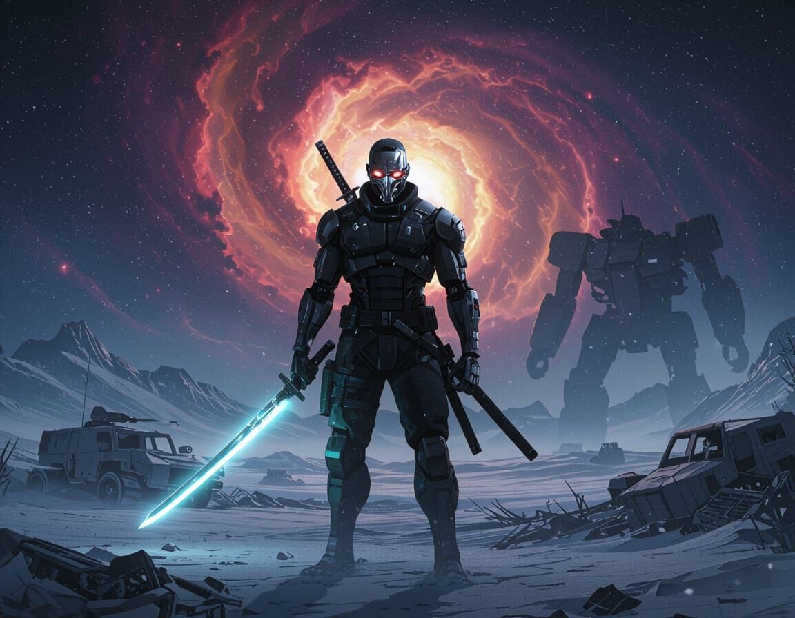 Cyborg Ninja in Winter Wasteland, Cyberpunk Art