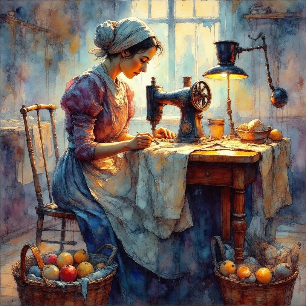 A Gentle Amsterdam Orphan Woman Sewing in Soft Light