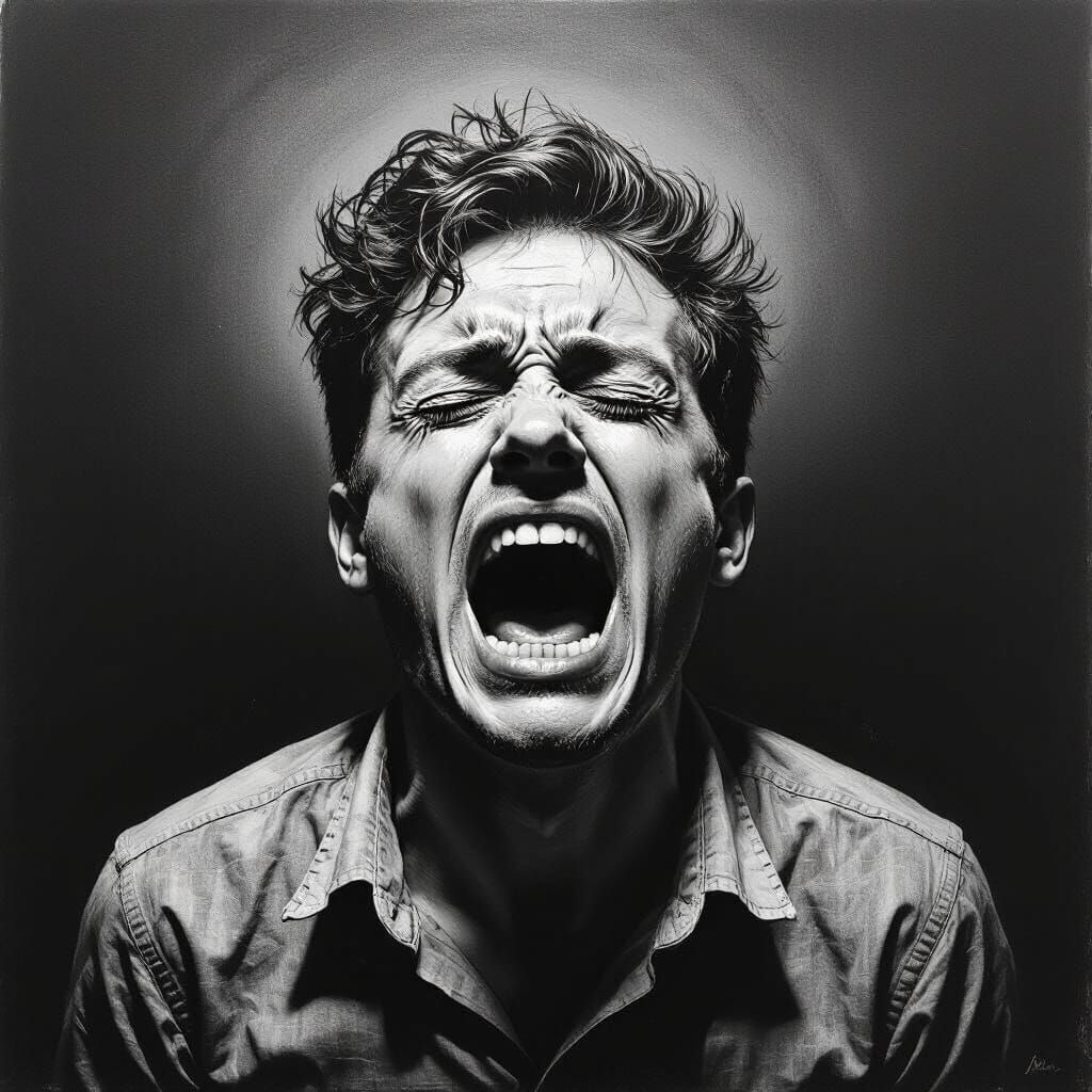 Screaming Person in High-Contrast Charcoal Drawing