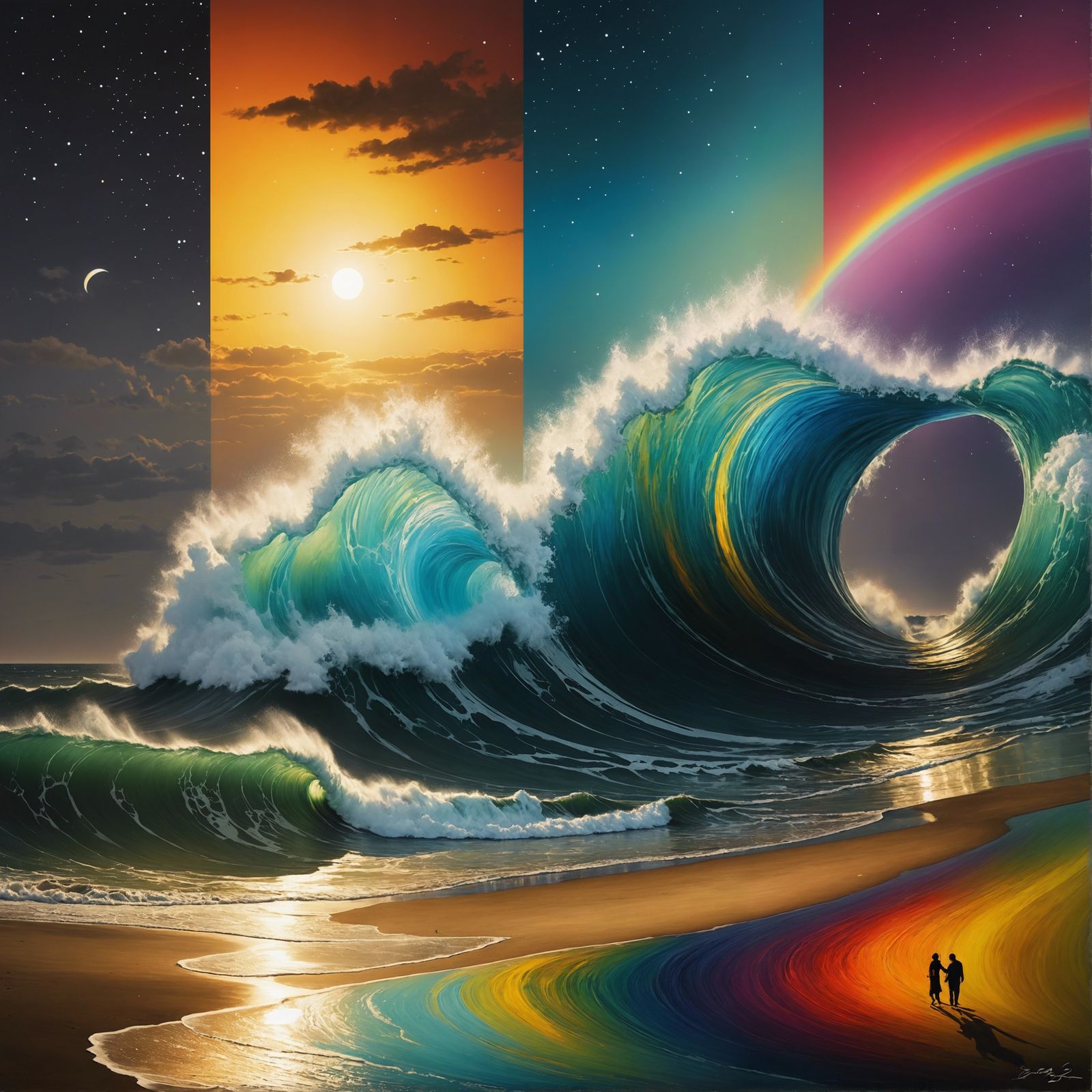 Dramatic Nighttime Beach Scene in Impasto Oil Painting Style