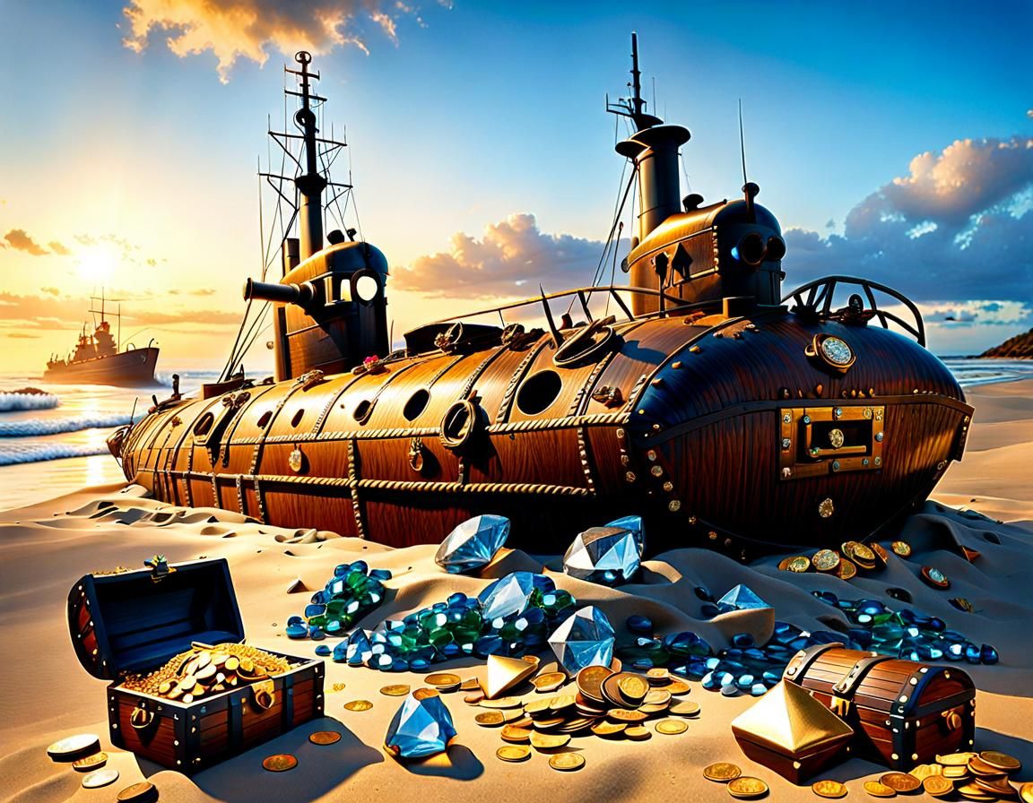 Steampunk Submarine Treasure on a Sandy Beach