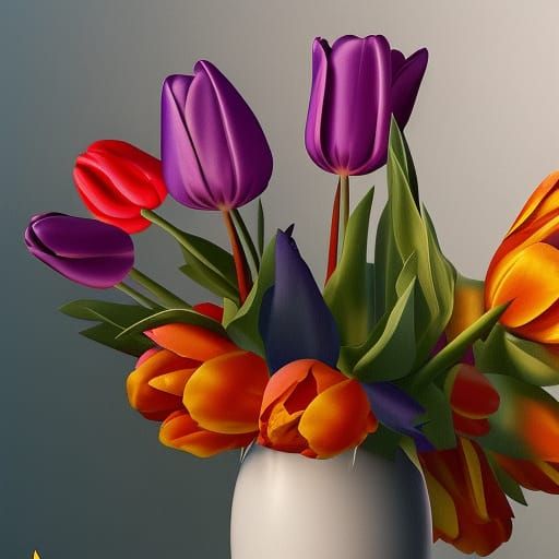 Vibrant Tulips Flourish in Whimsical Fantasy Still Life